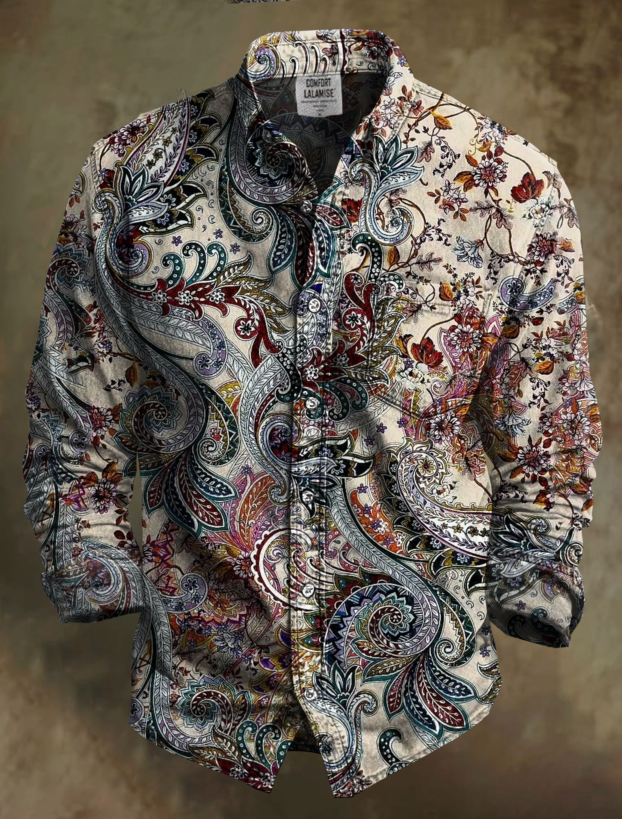 Vintage Ethinic Art Print 100% Cotton Long Sleeve Shirt