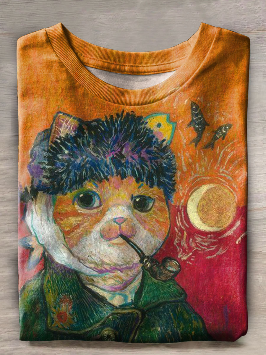 Van Gogh Cat Print Casual T-shirt