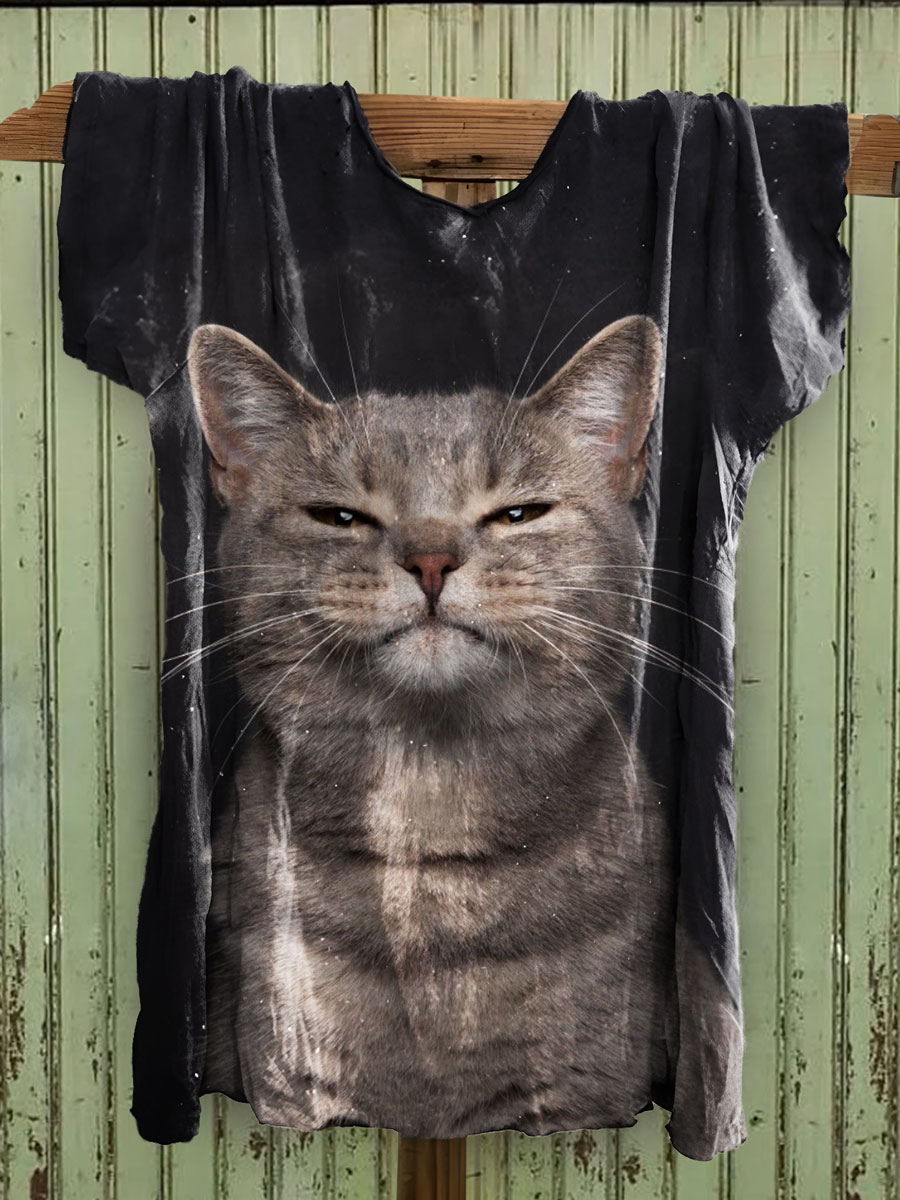 Cat Print Cotton Crew Tee