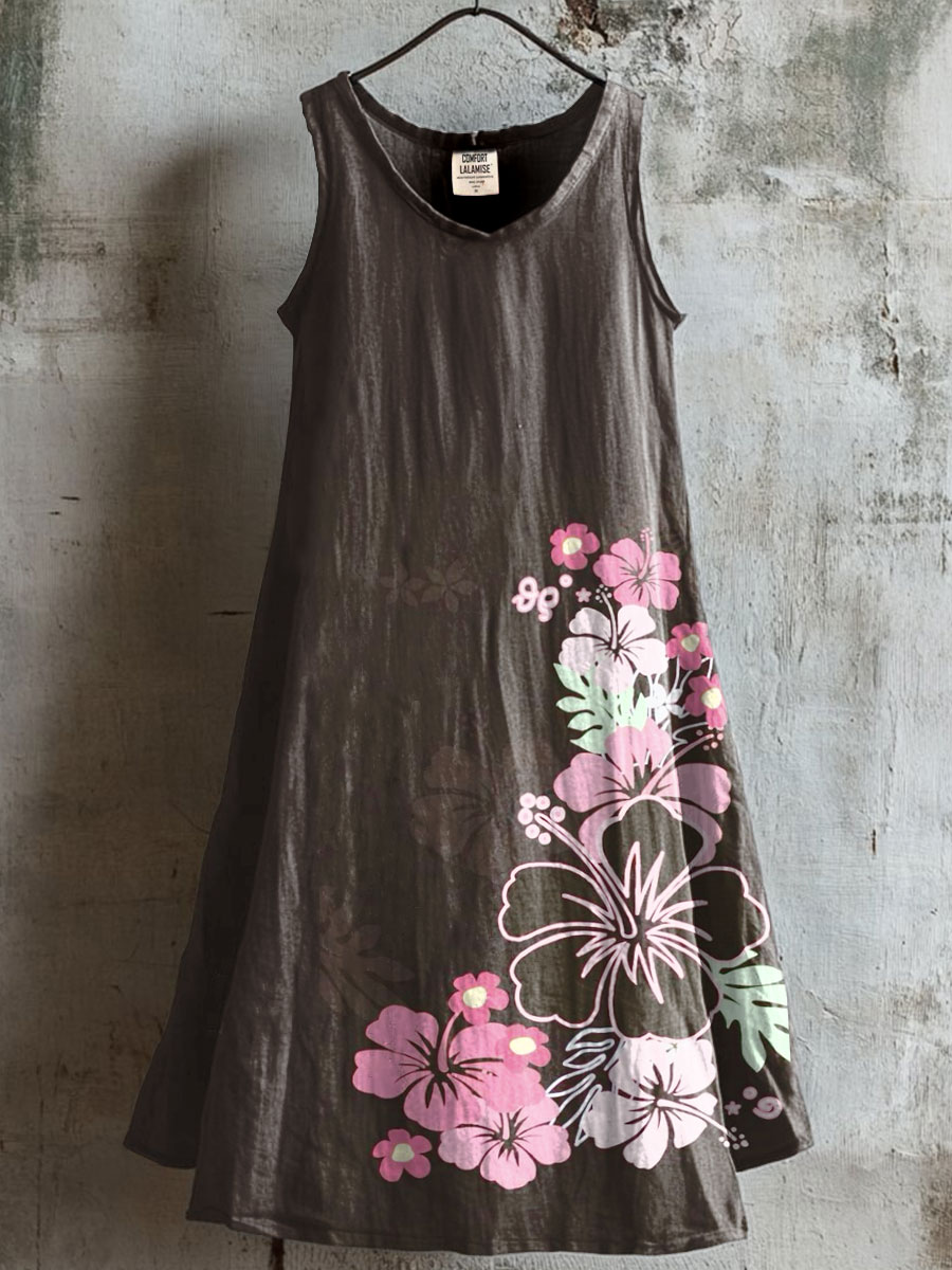 Women's Hawaii Flower Art Print V-neck Pocket Cotton Dress