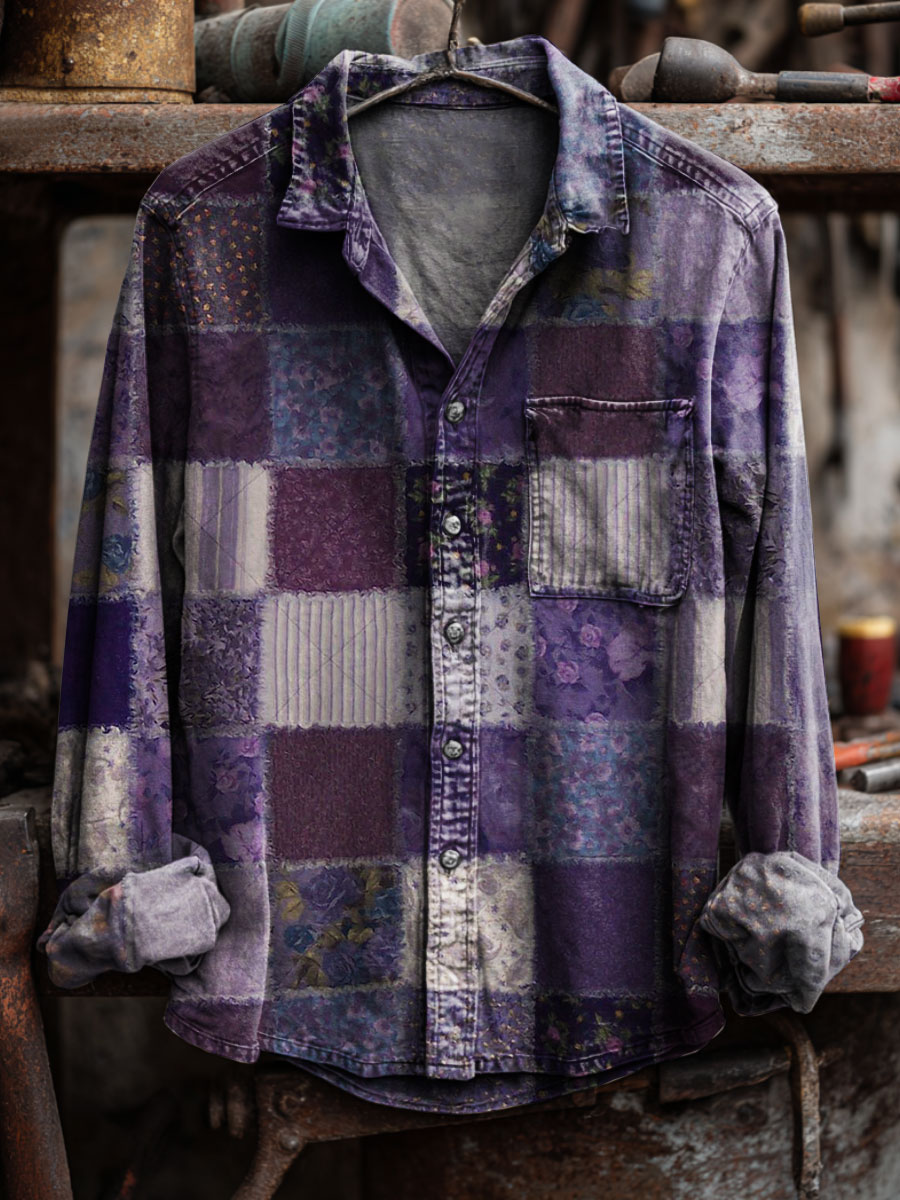Vintage Patchwork Art Print 100% Cotton Long Sleeve Shirt