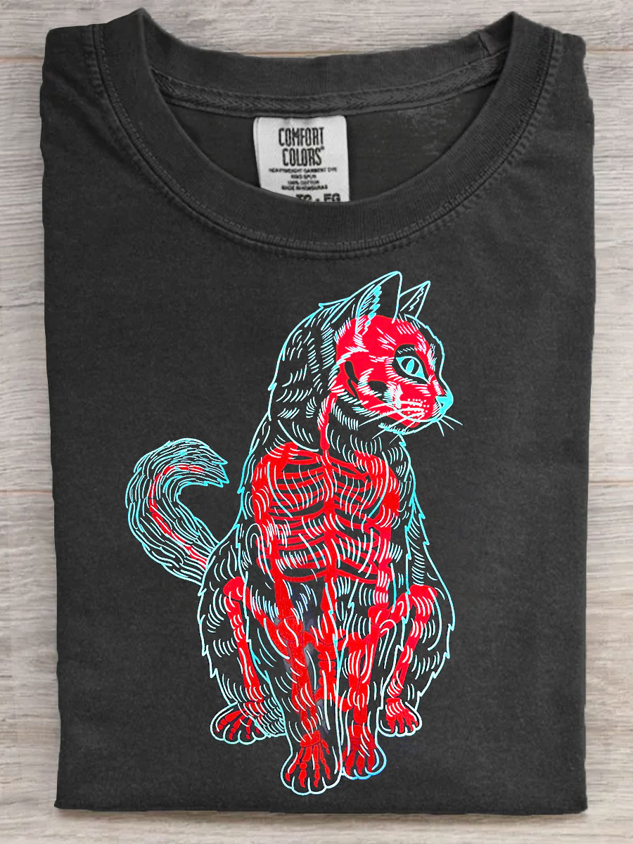 Cat Skeleton Art Print Casual Short Sleeve T-shirt