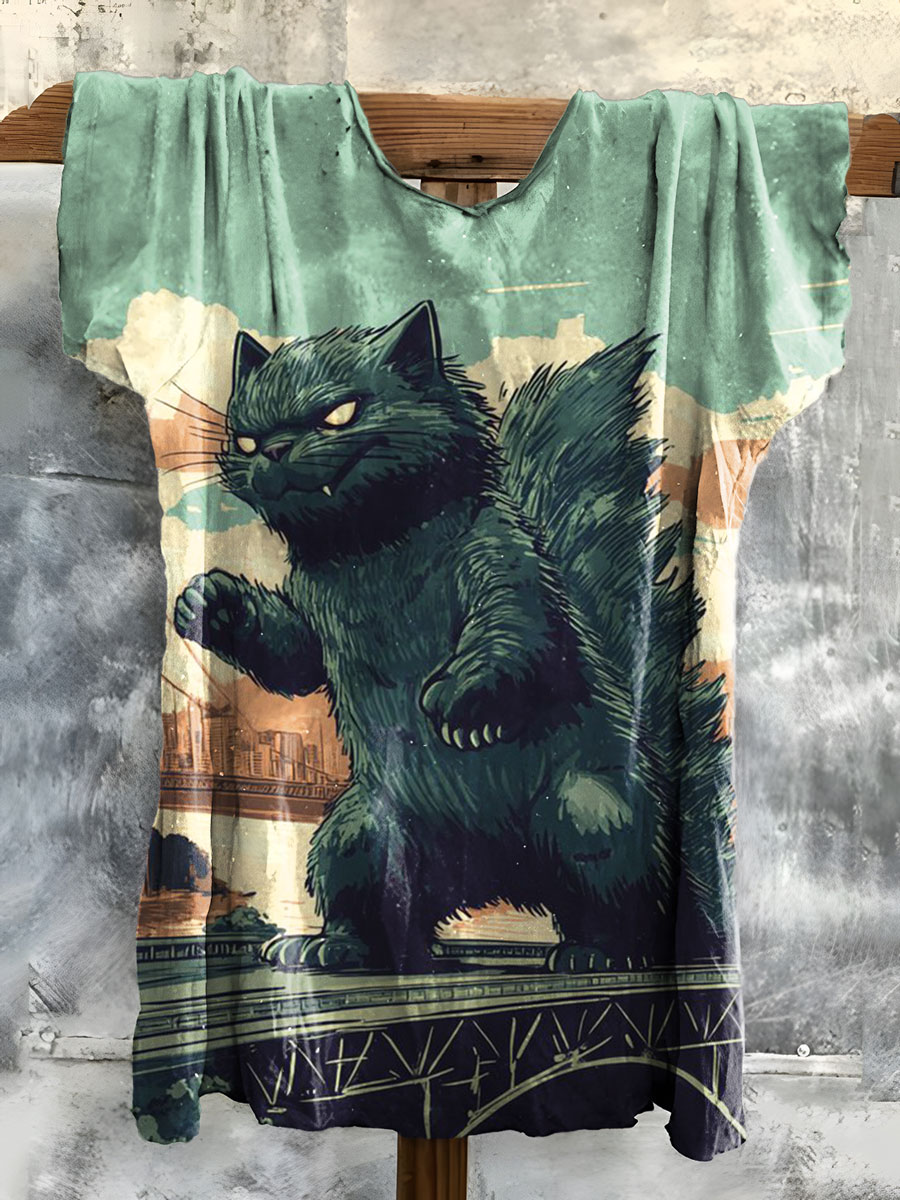 Vintage Cat Print Cotton Crew Tee