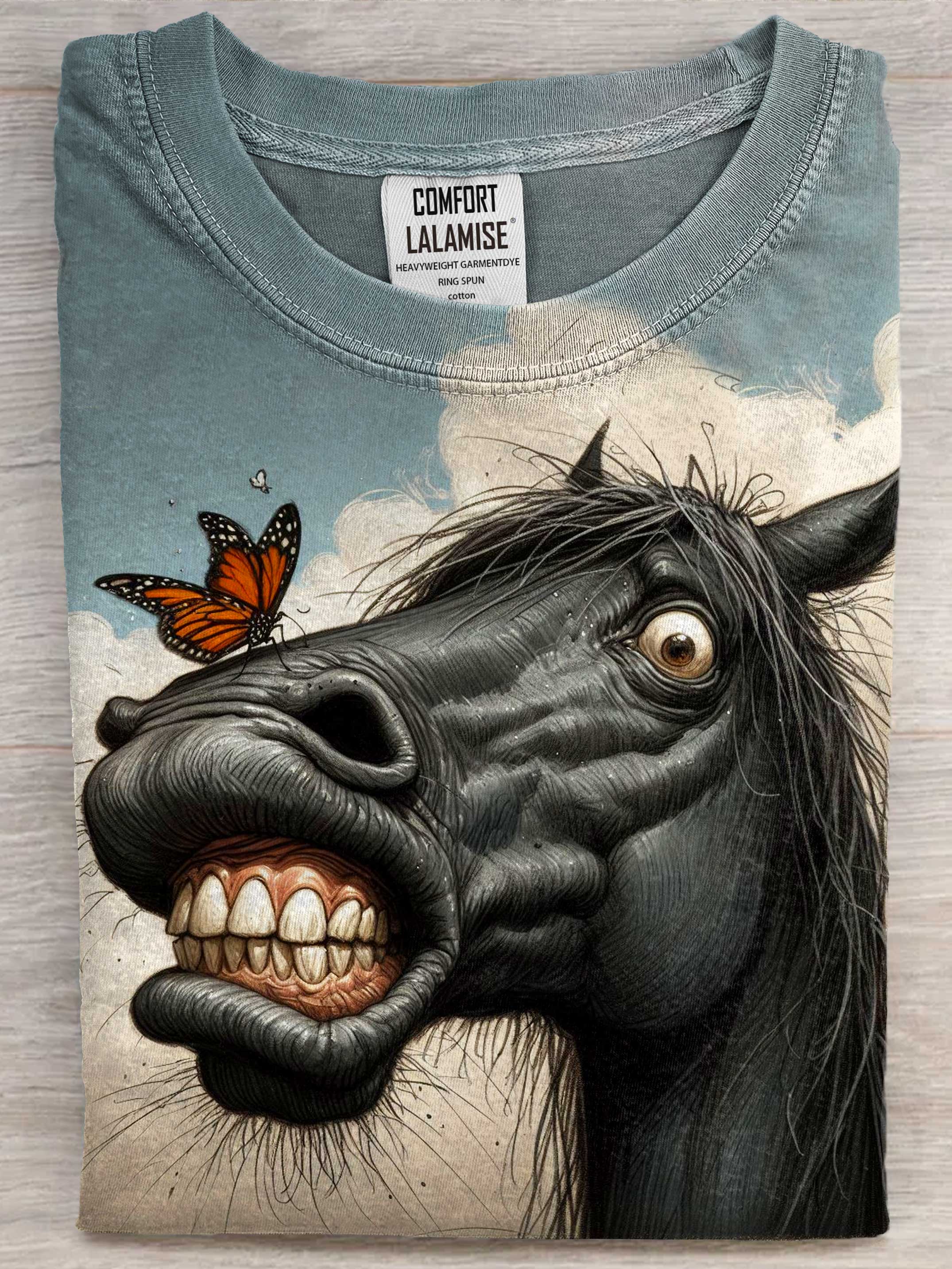 Funny Horse With Butterfly Art Print Casaul Cotton Short Sleeve T-shirt