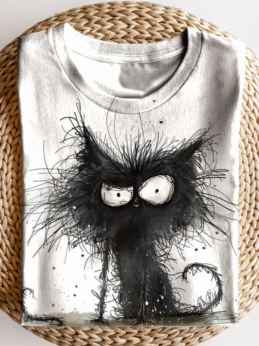 Cat Print Casual Short-sleeved Top