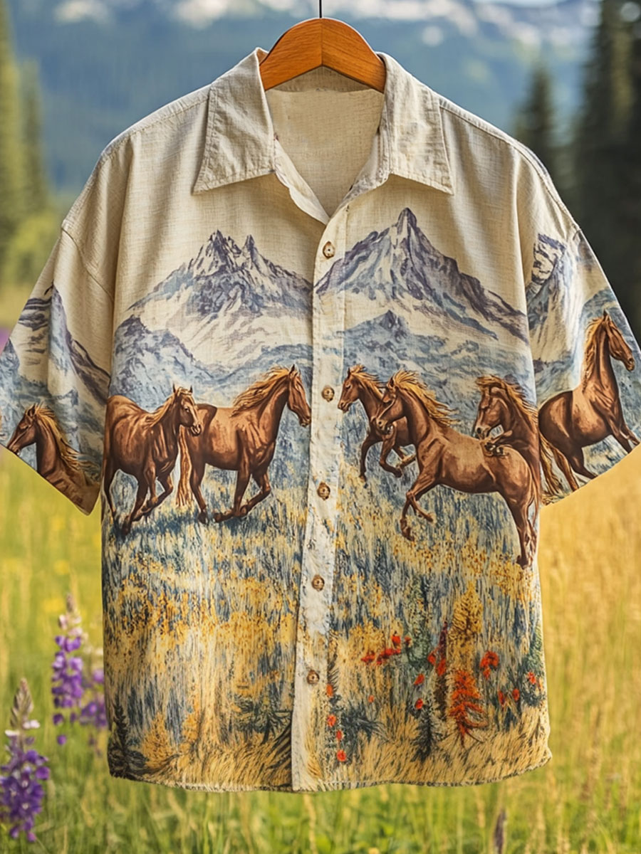 Vintage Horse Print Casual 100% Cotton Shirt