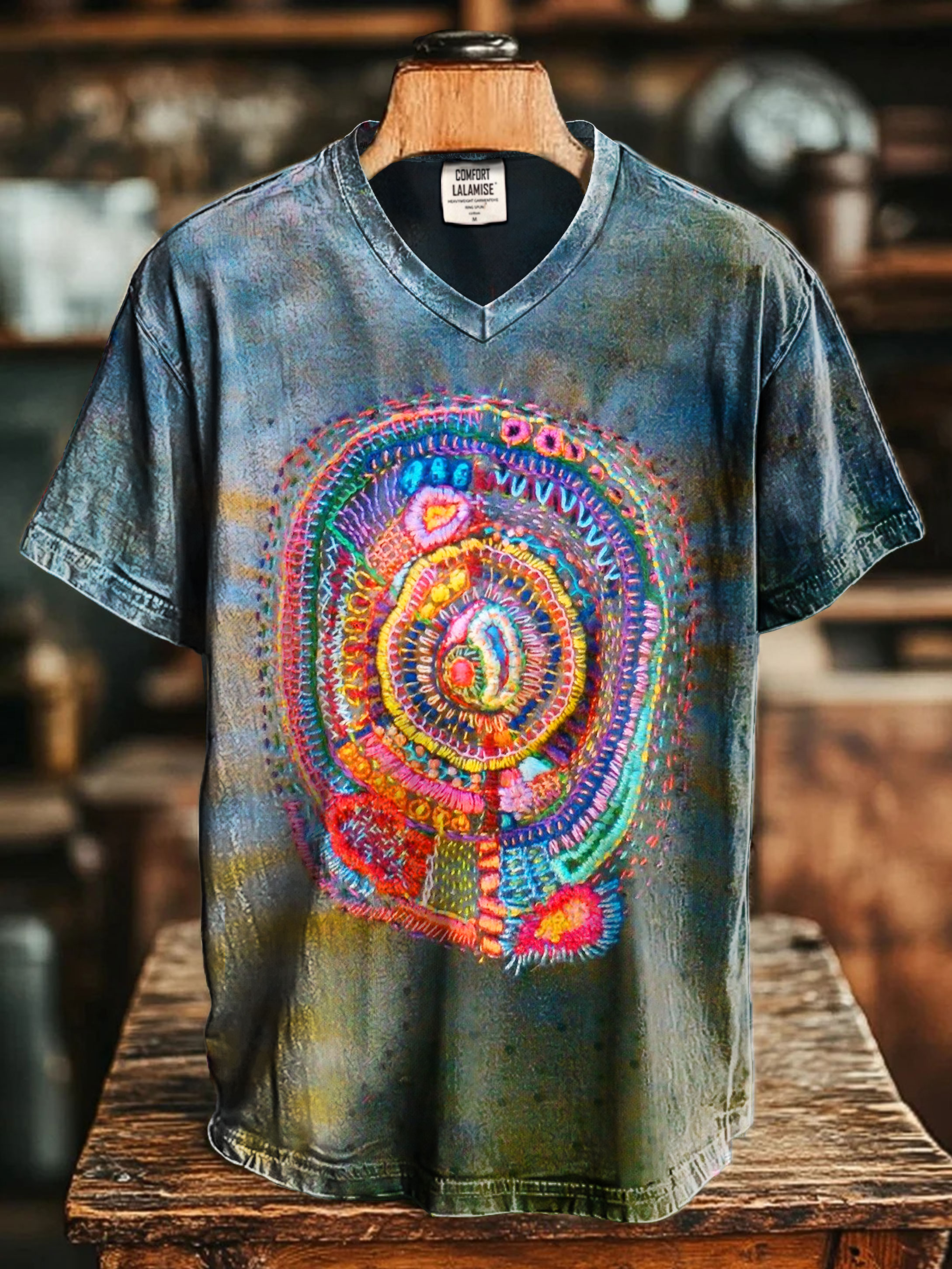 Vintage Art Print V-neck Casual T-Shirt