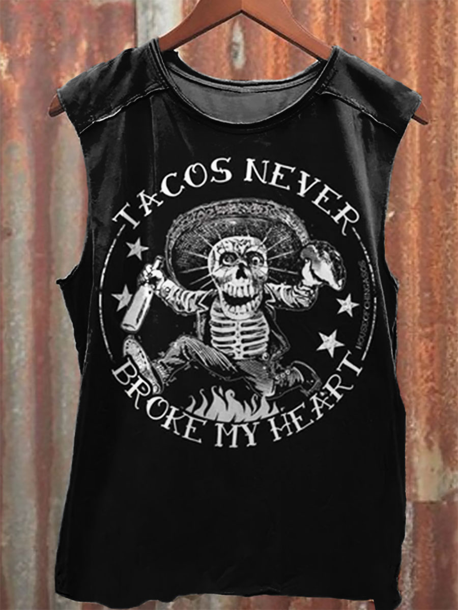 Tacos Never Broke My Heart Vintage Print 100% Cotton Casual Tank Top