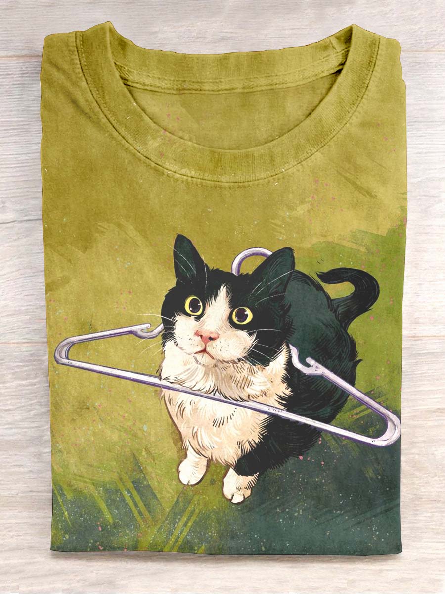 Unisex Funny Hanger Cat Printed Casual Short Sleeve T-Shirt