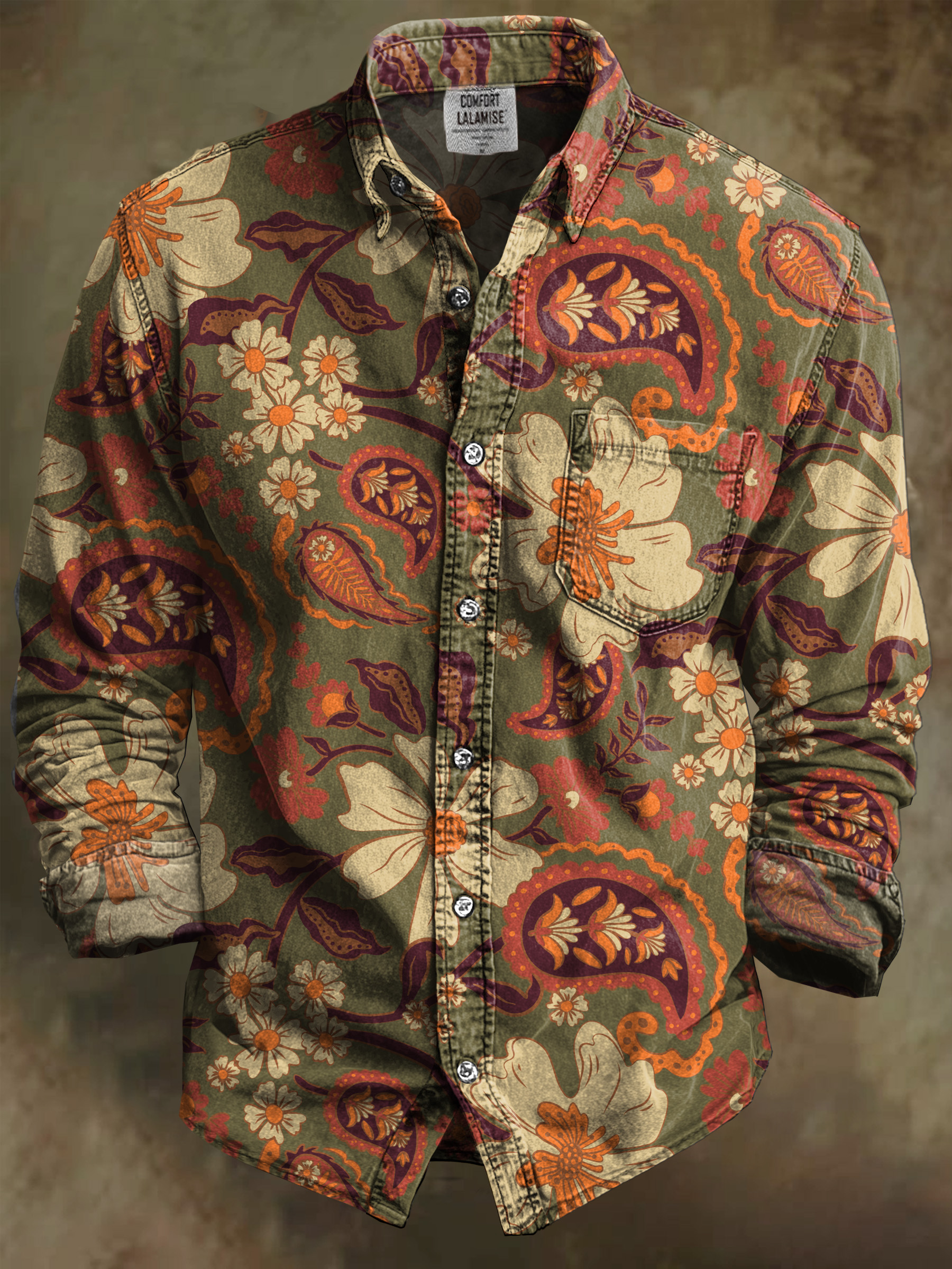Vintage Colorful Flower Art Print 100% Cotton Long Sleeve Shirt