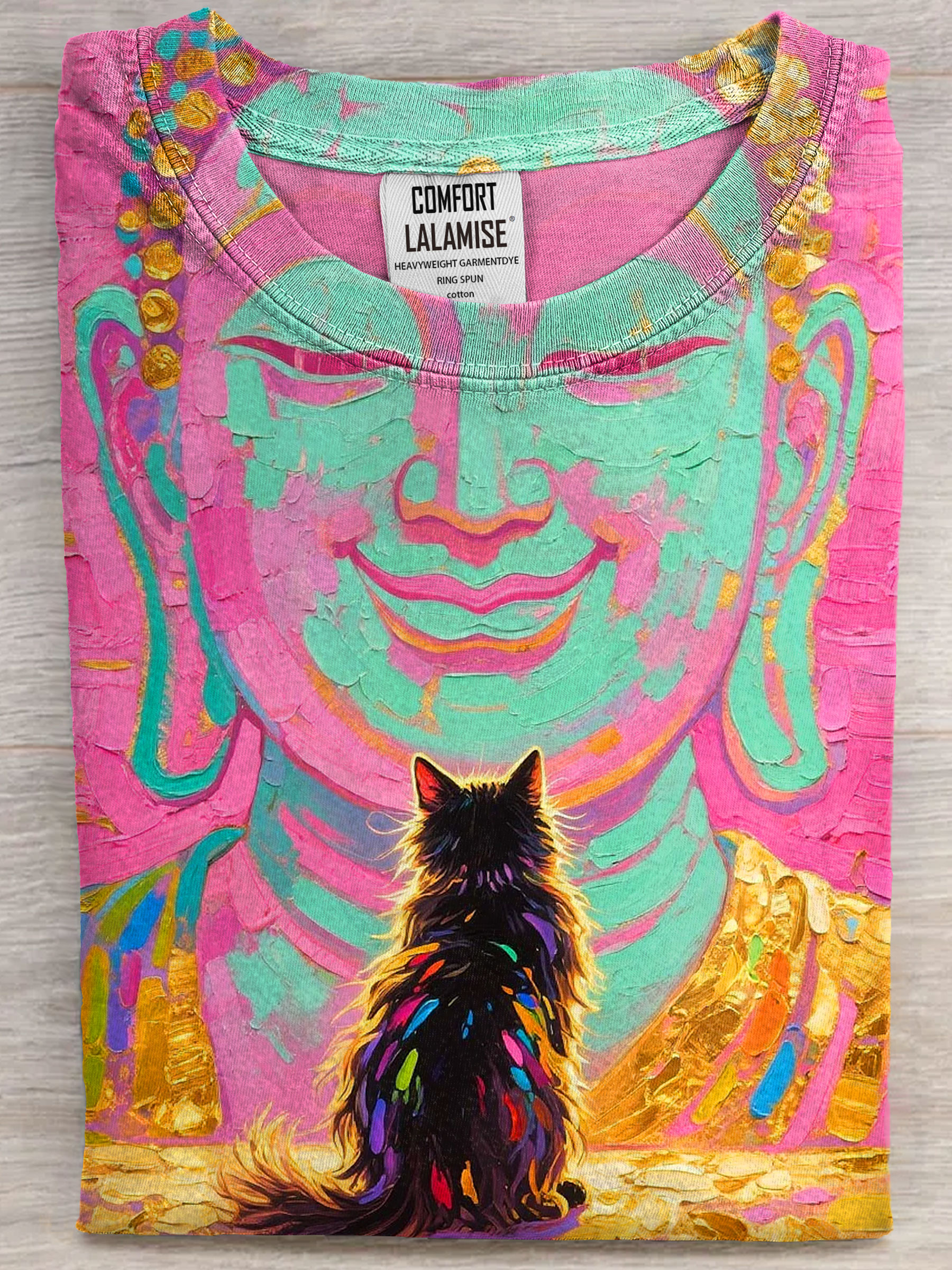 Buddha and black cat painting Art Print Casual Short Sleeve T-shirt