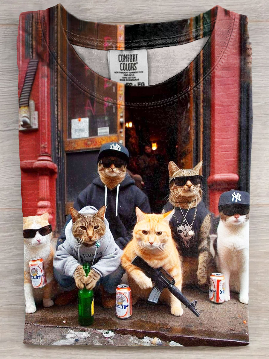 Funny Gangster Cats Art Print Causal Short Sleeve T-shirt
