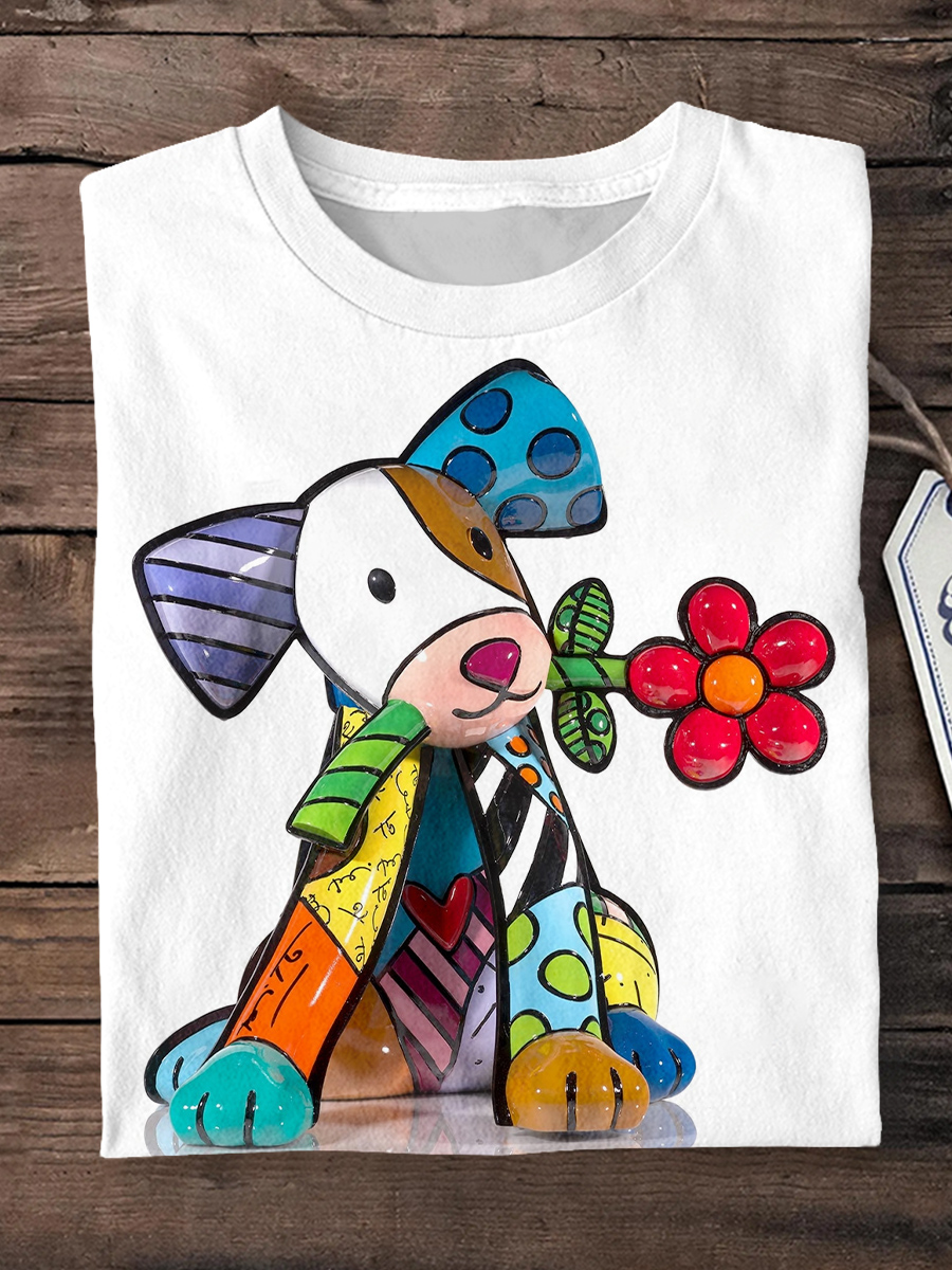 Dog Art Printed Round Neck Short Sleeve T-Shirt