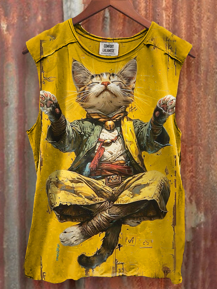 Meditating Cat Vintage Print 100% Cotton Casual Tank Top