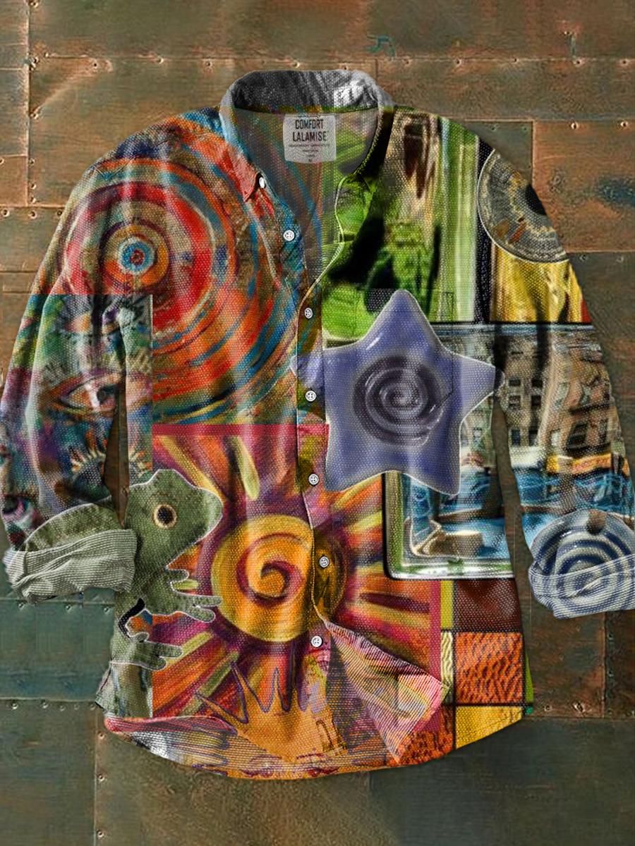 Vintage Abstrct Art Print 100% Cotton Long Sleeve Shirt