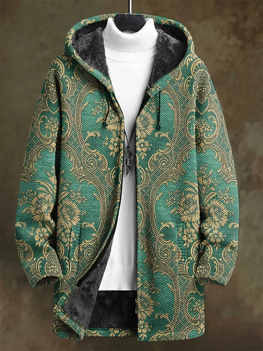 Retro Pattern Flower Art Print Unisex Plush Thick Long-Sleeved Sweater Cardigan Coat