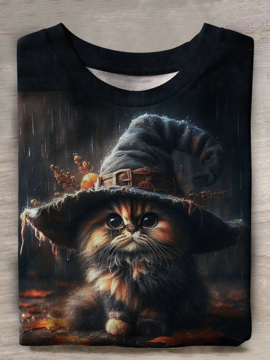 Vintage Halloween Cat Print Casual T-shirt
