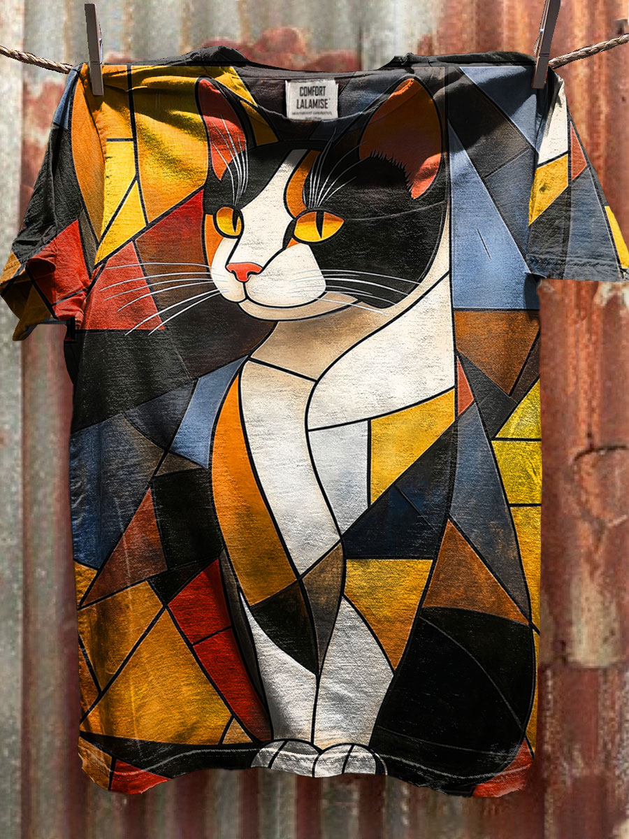 Vintage Abstrct Cat Art Print Casaul Short Sleeve T-shirt
