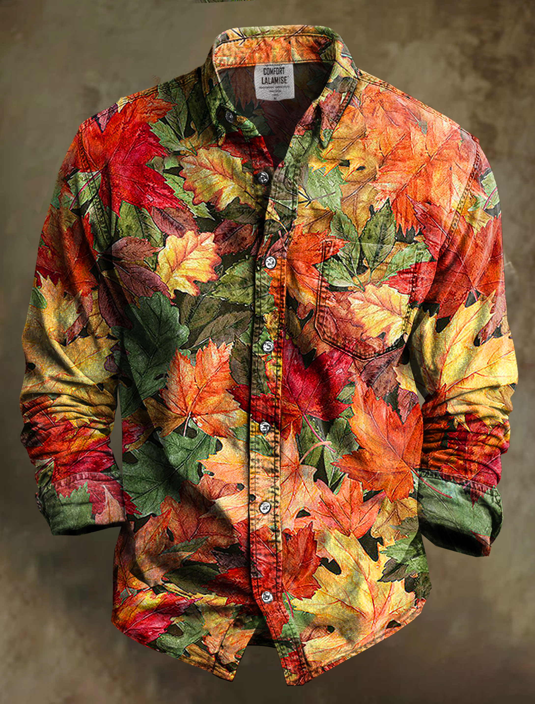 Vintage Fall Leaves Multi Art Print 100% Cotton Long Sleeve Shirt