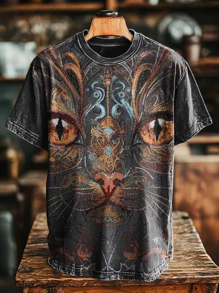 Unisex Retro Cat Abstract Print Casual Loose T-Shirt