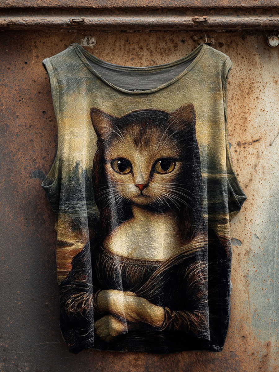 Cat Art Print 100% Cotton Casual Tank Top