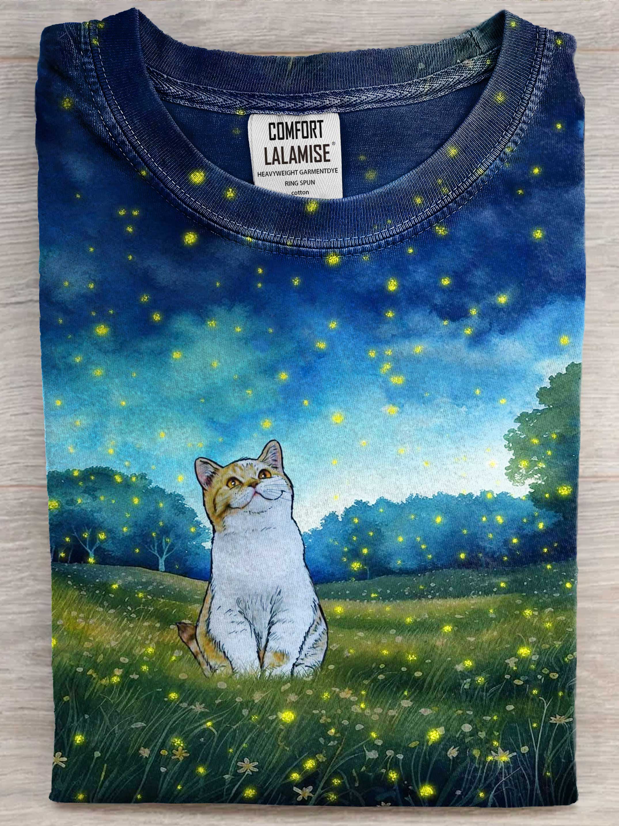 Cat With Fireflies Art Print Casual Short Sleeve T-shirt