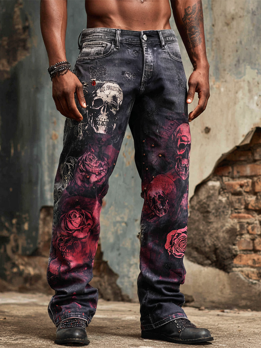 Vintage Halloween Skull Rose Dark Art Print Casual Jeans