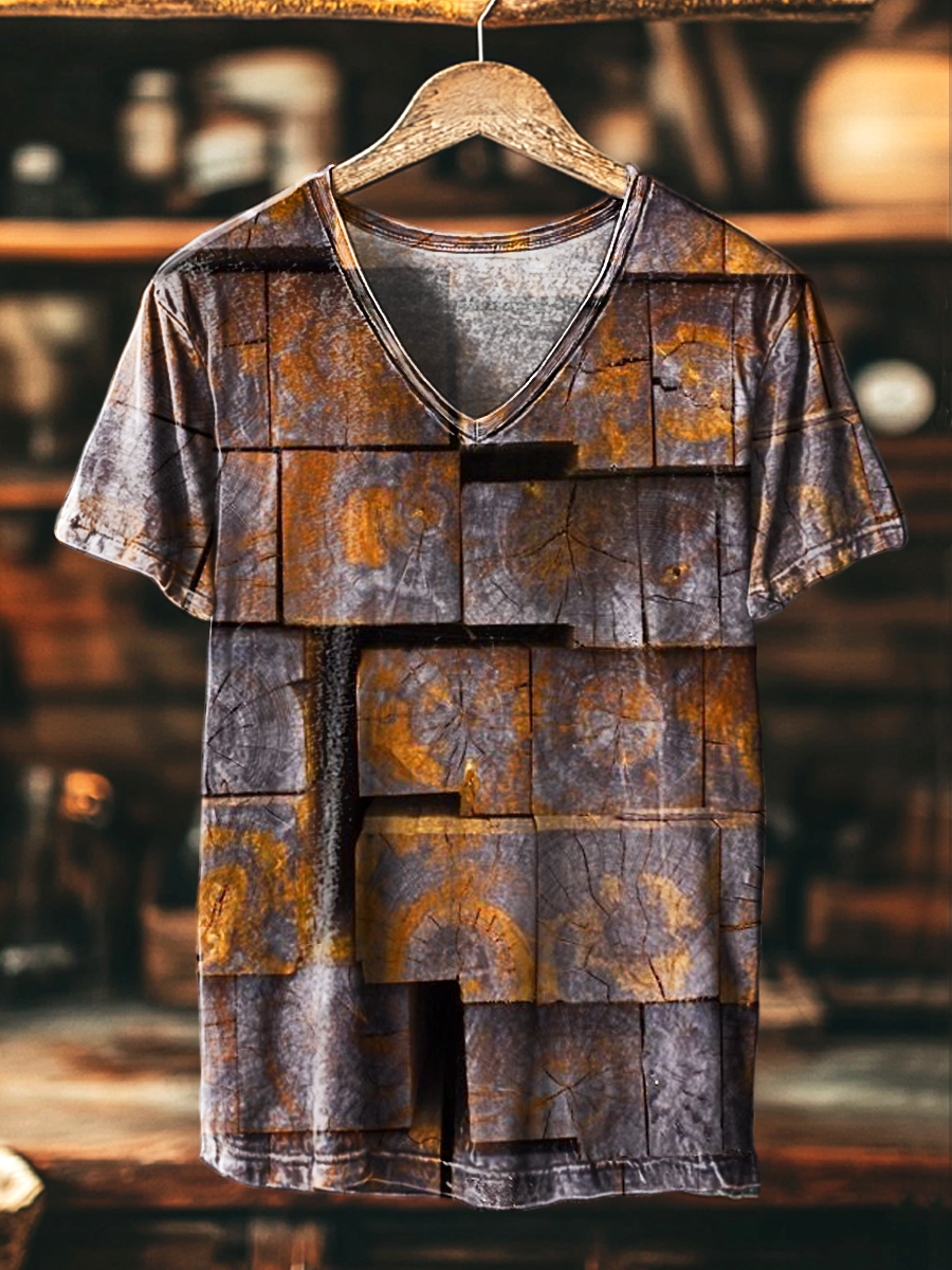 Unisex Vintage Abstract Geometric Art Print Casual V-Neck T-Shirt