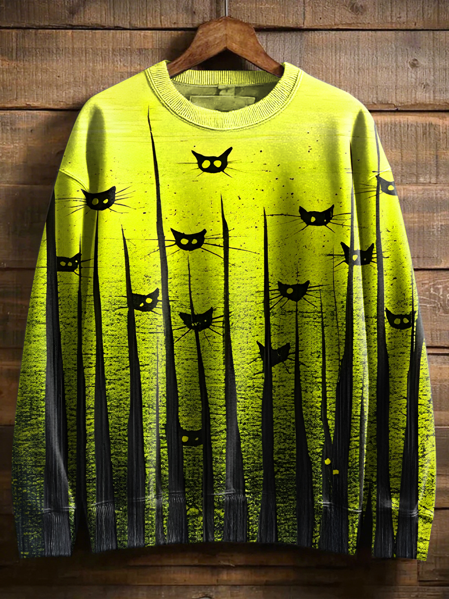 Vintage Halloween Black Cat Art Print Casual Sweatshirt