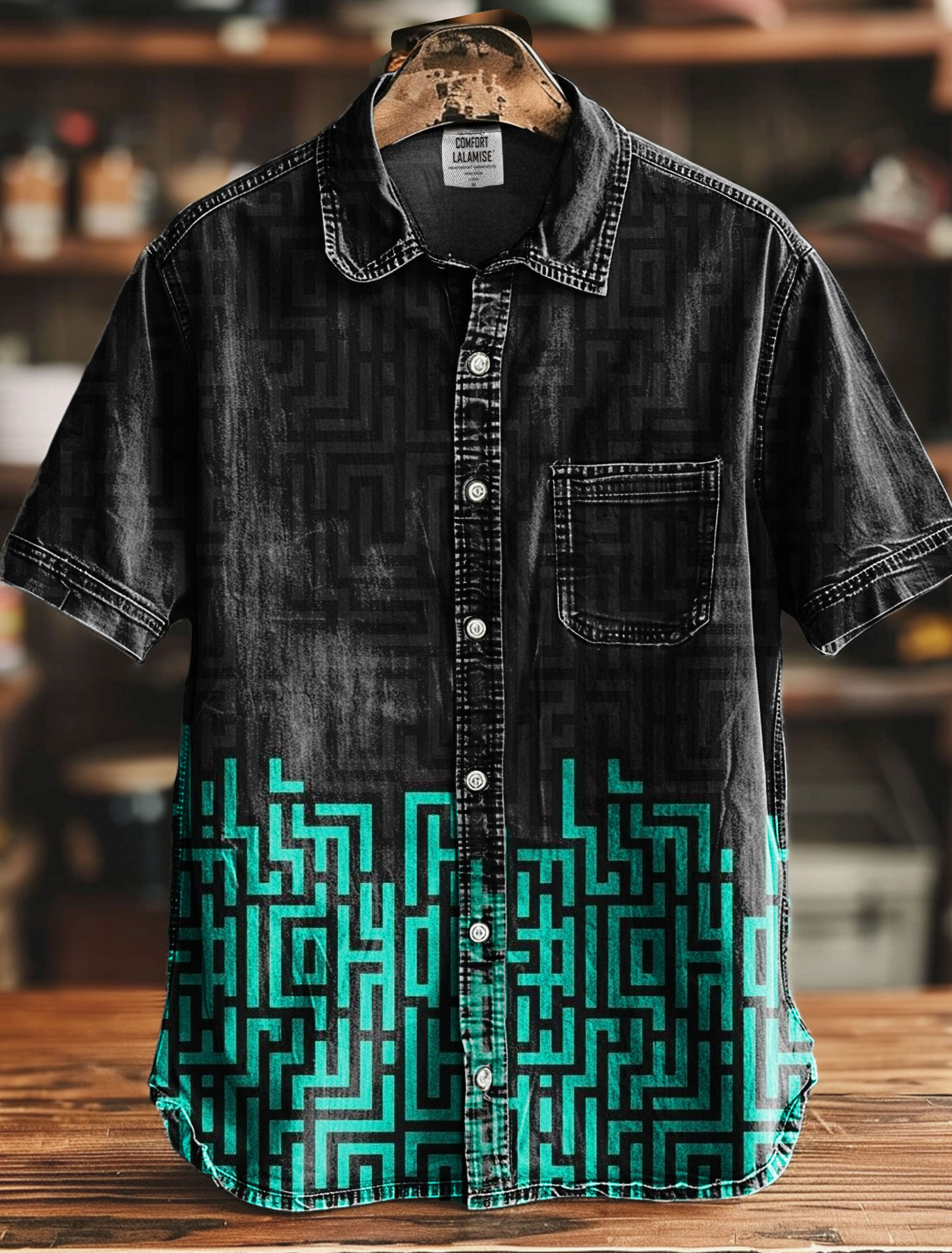 Maze Color Bolck Abstrct Art Print Casual 100% Cotton Shirt