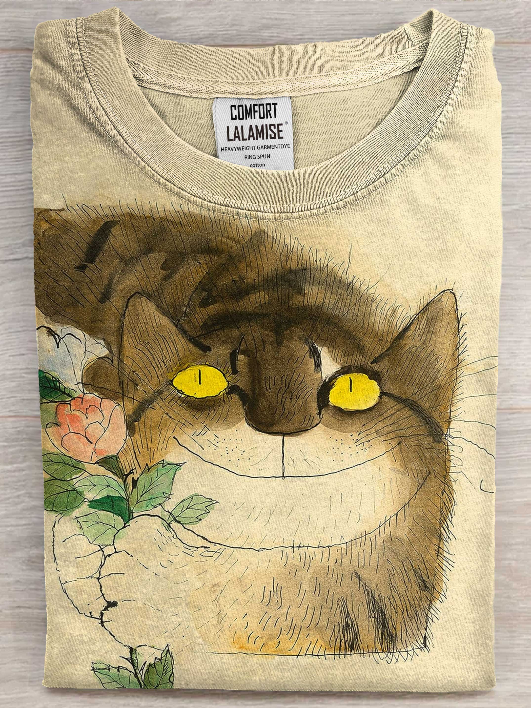 Vintage Funny Cat Art Print Casaul Short Sleeve T-shirt