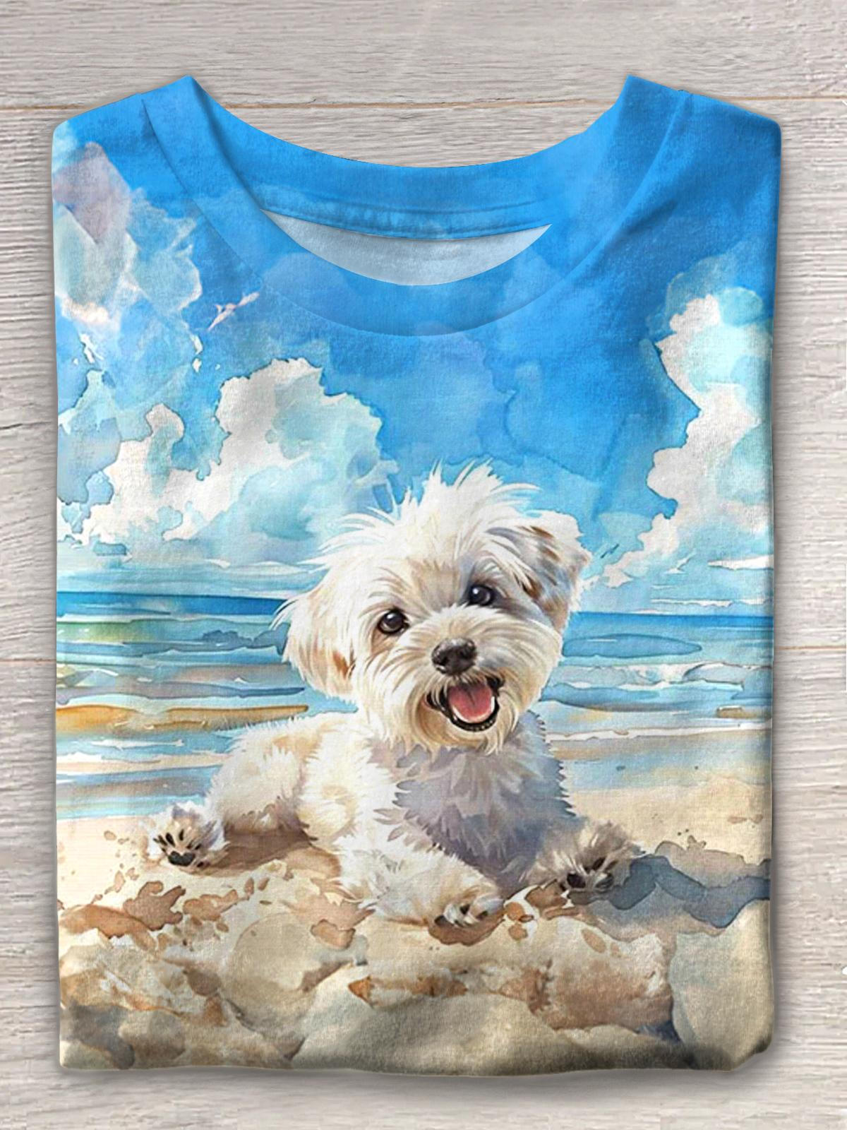 Cute Beach Dog Crew Neck T-shirt