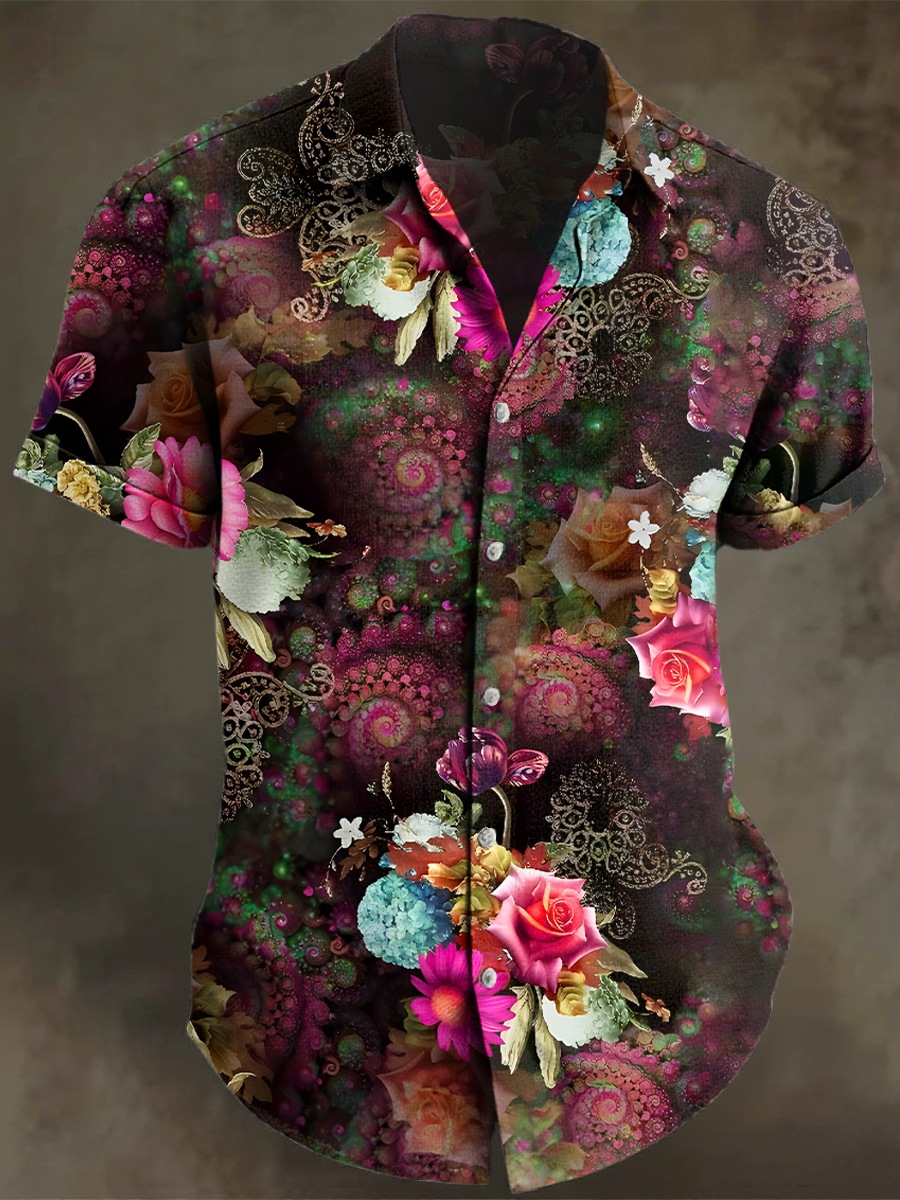 Vintage Multicolor Flowers Art Print Casual 100% Cotton Shirt