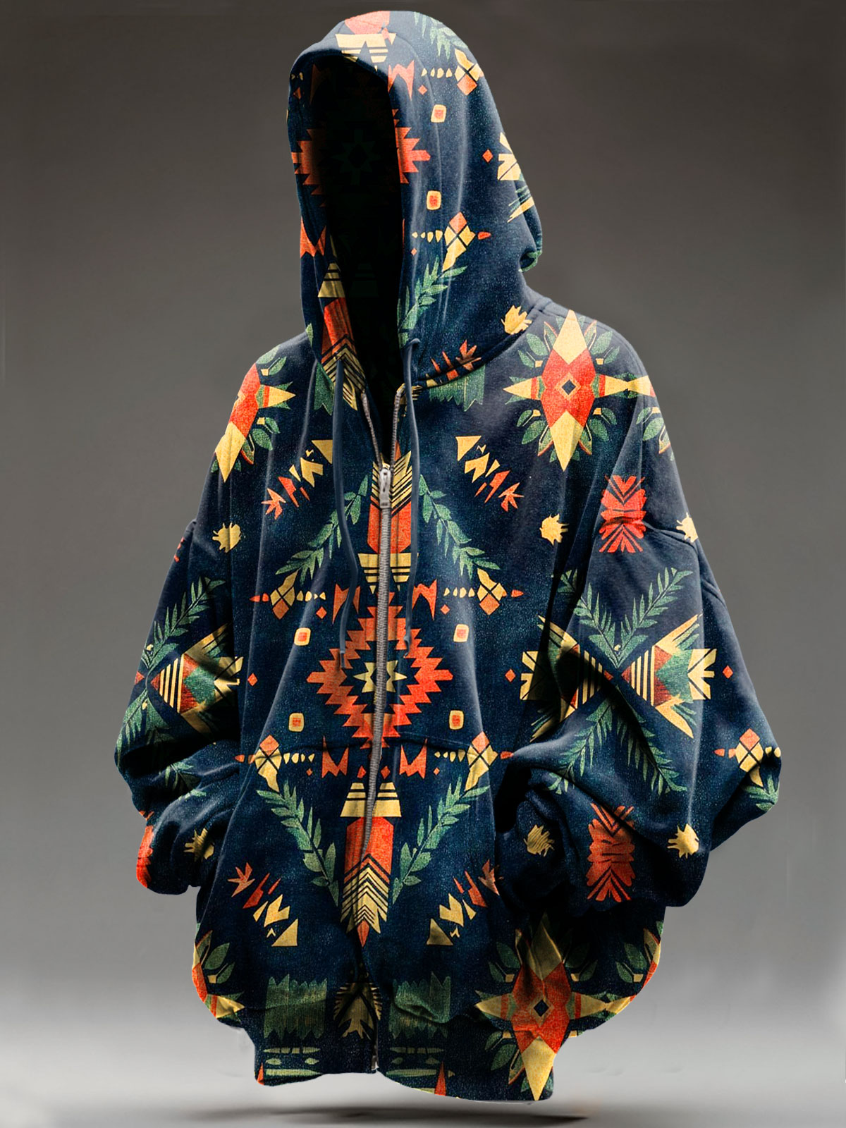 Vintage Ethinic Art Print Casual Zip Hoodie Sweatshirt