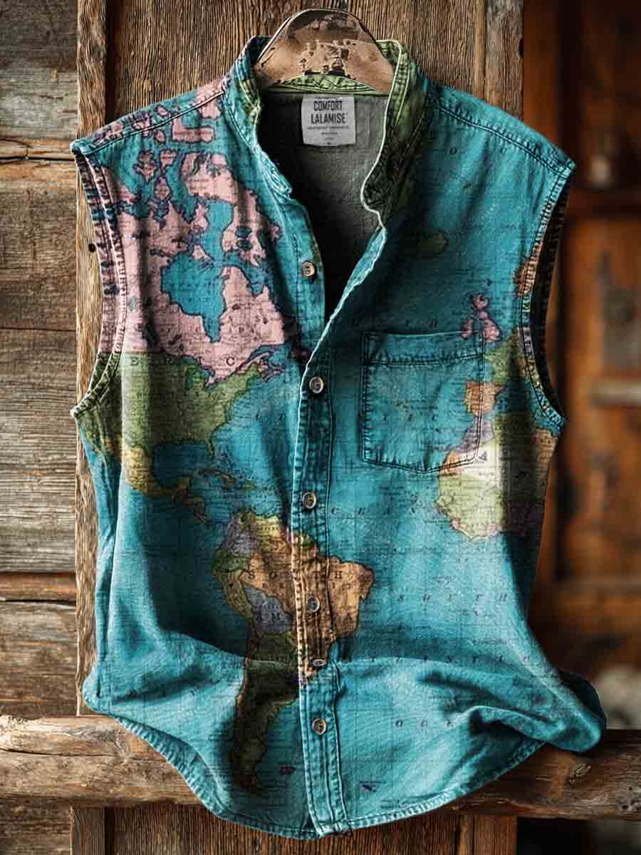 Vintage Map Art Print Casual 100% Cotton Sleeveless Shirt