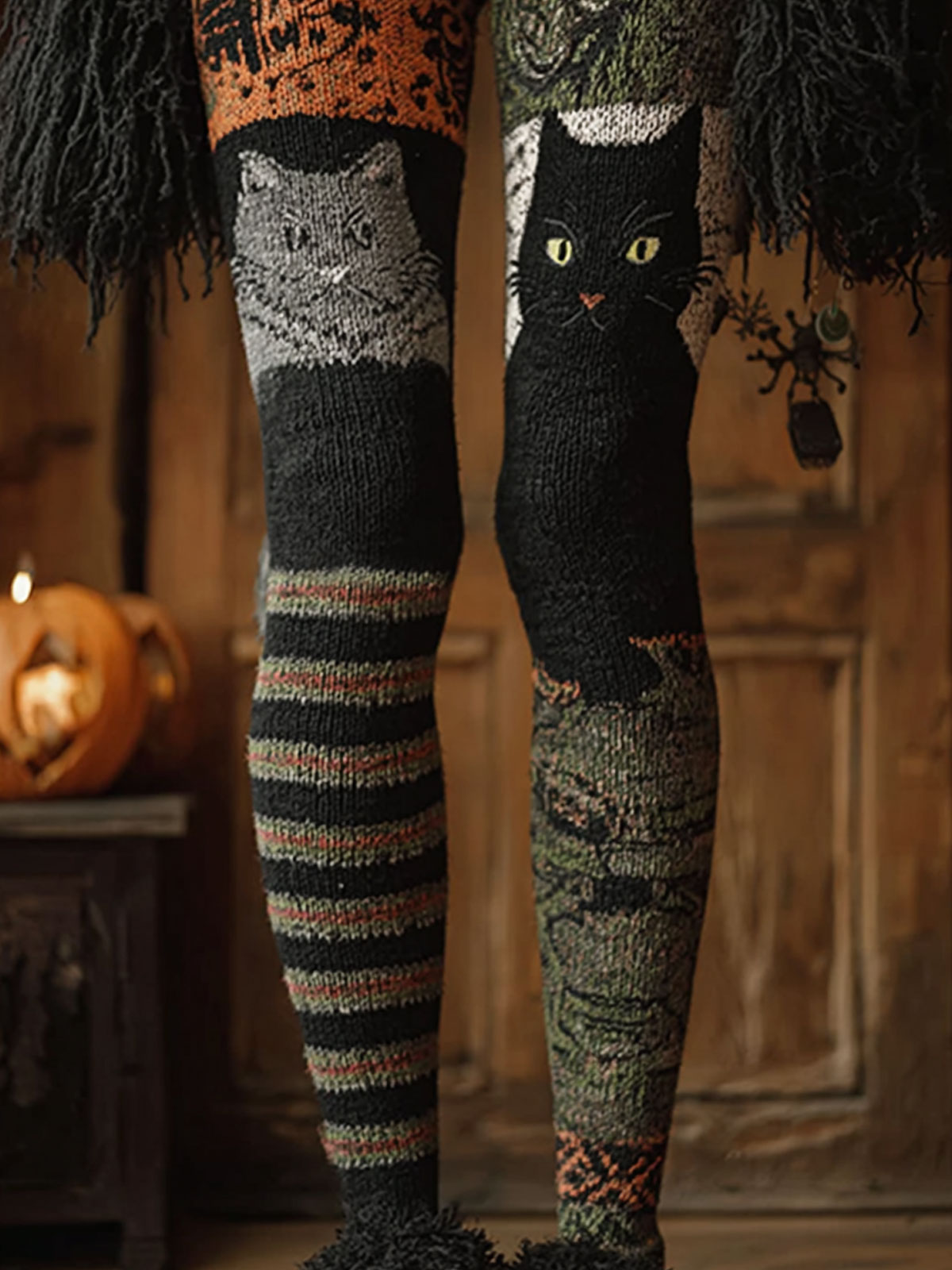 Halloween Patchwork Knit Art Print Casual Spirit Stretch Leggings