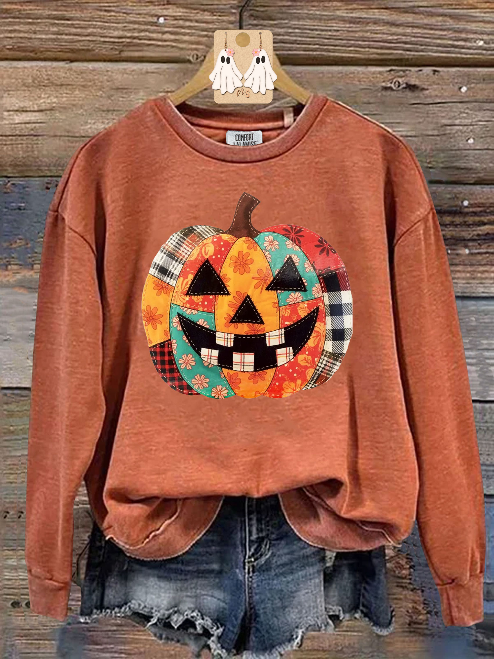 Fall Pumpkin Halloween Floral Patchwork Print Casual Sweatshirt