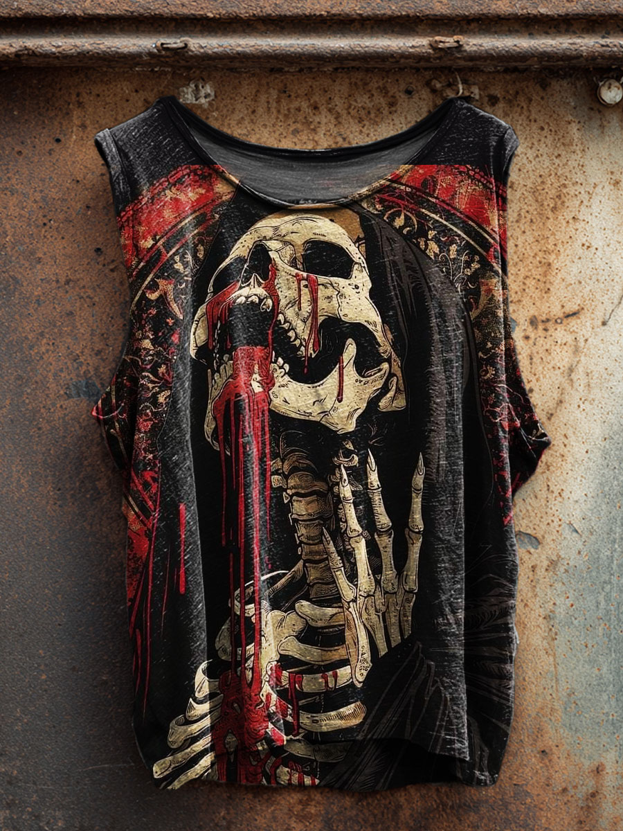 Vintage Skeleton Print 100% Cotton Casual Tank Top