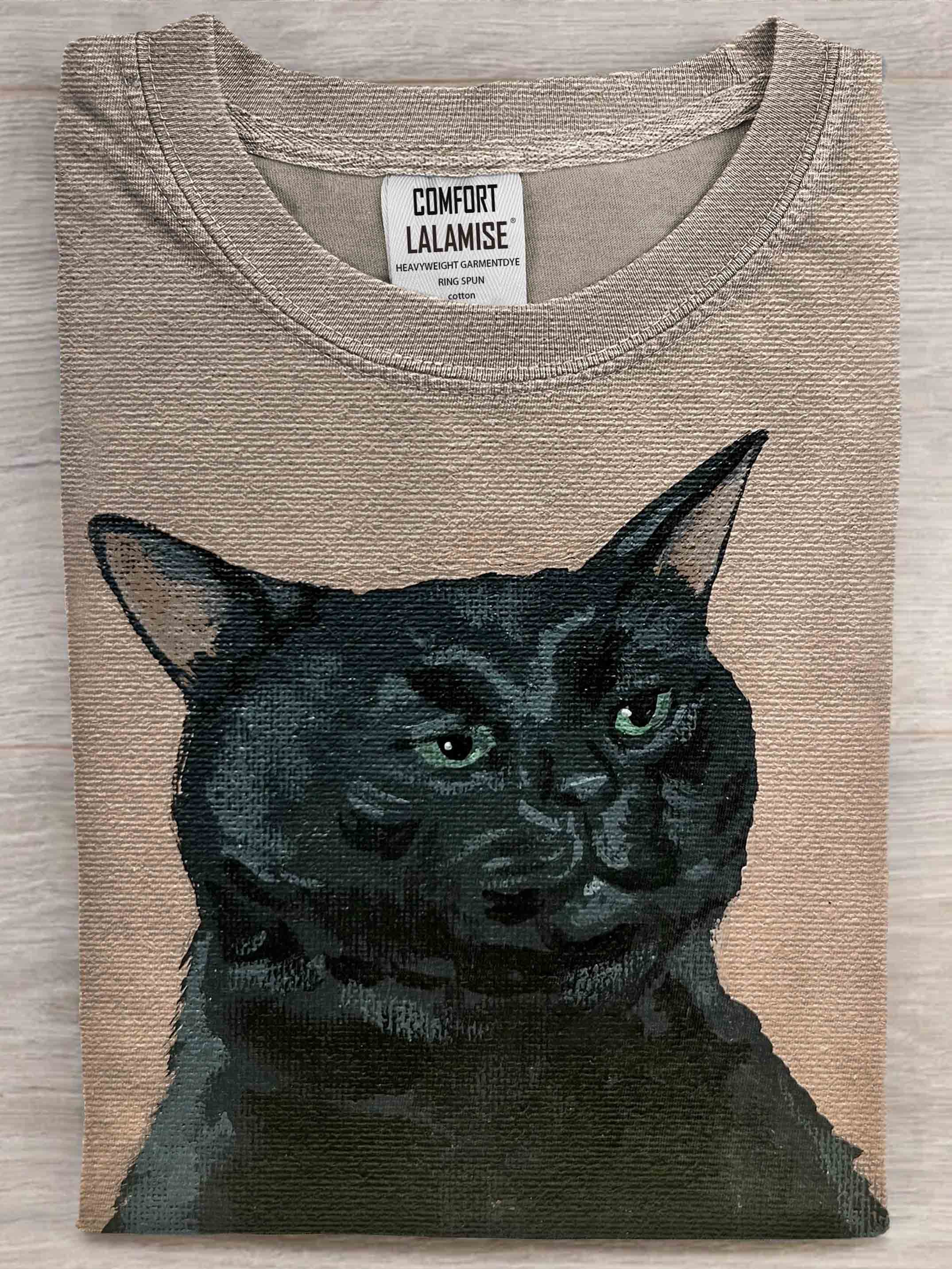 Funny Balck Cat Art Print Casaul Cotton Short Sleeve T-shirt