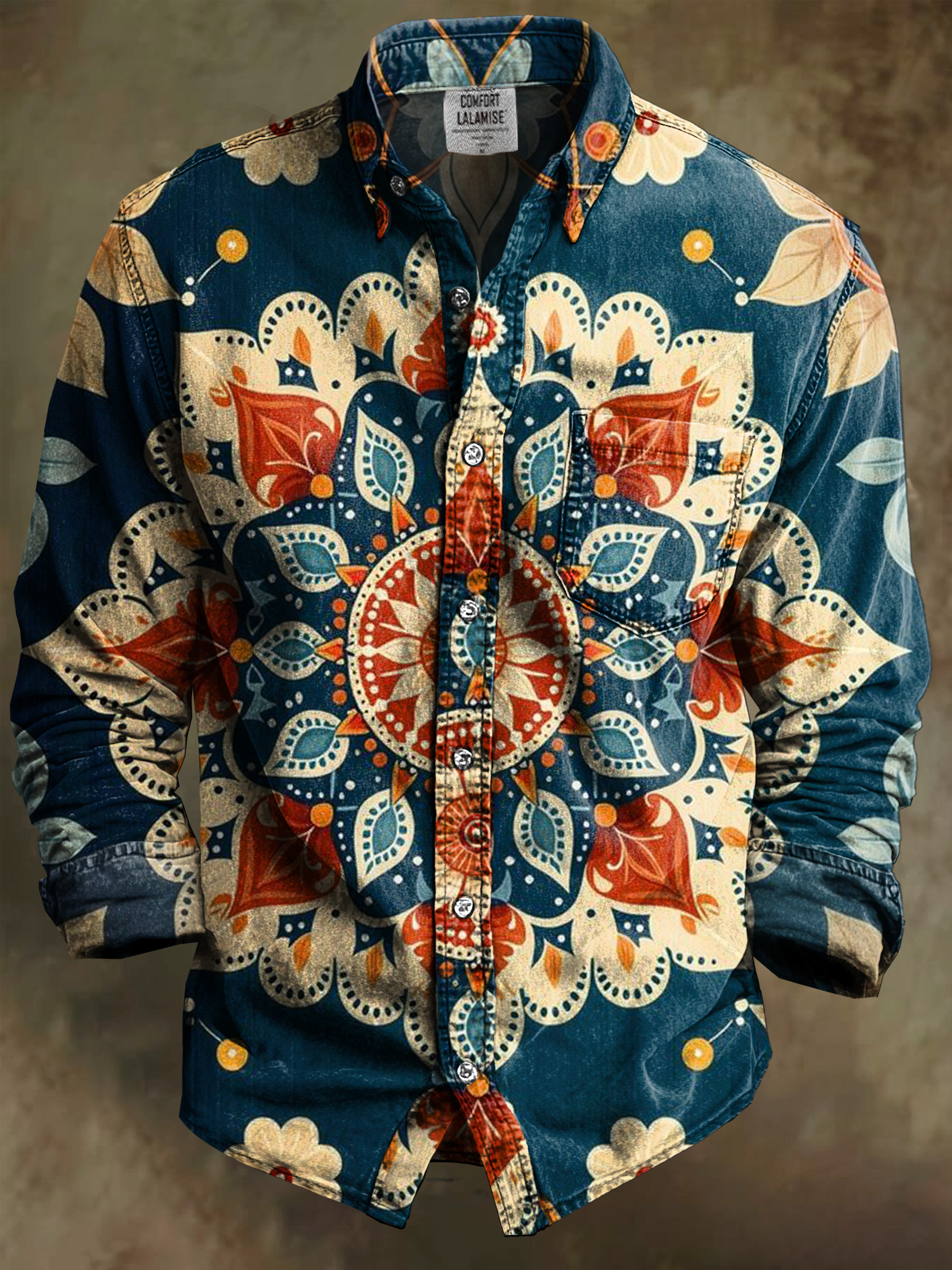 Vintage Colorful Art Print 100% Cotton Long Sleeve Shirt