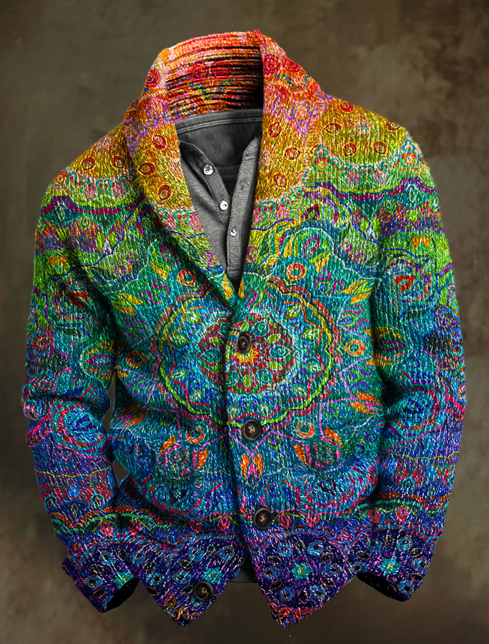 Faux Woven Rainbow Art Print Knit V-neck Pullover Sweater