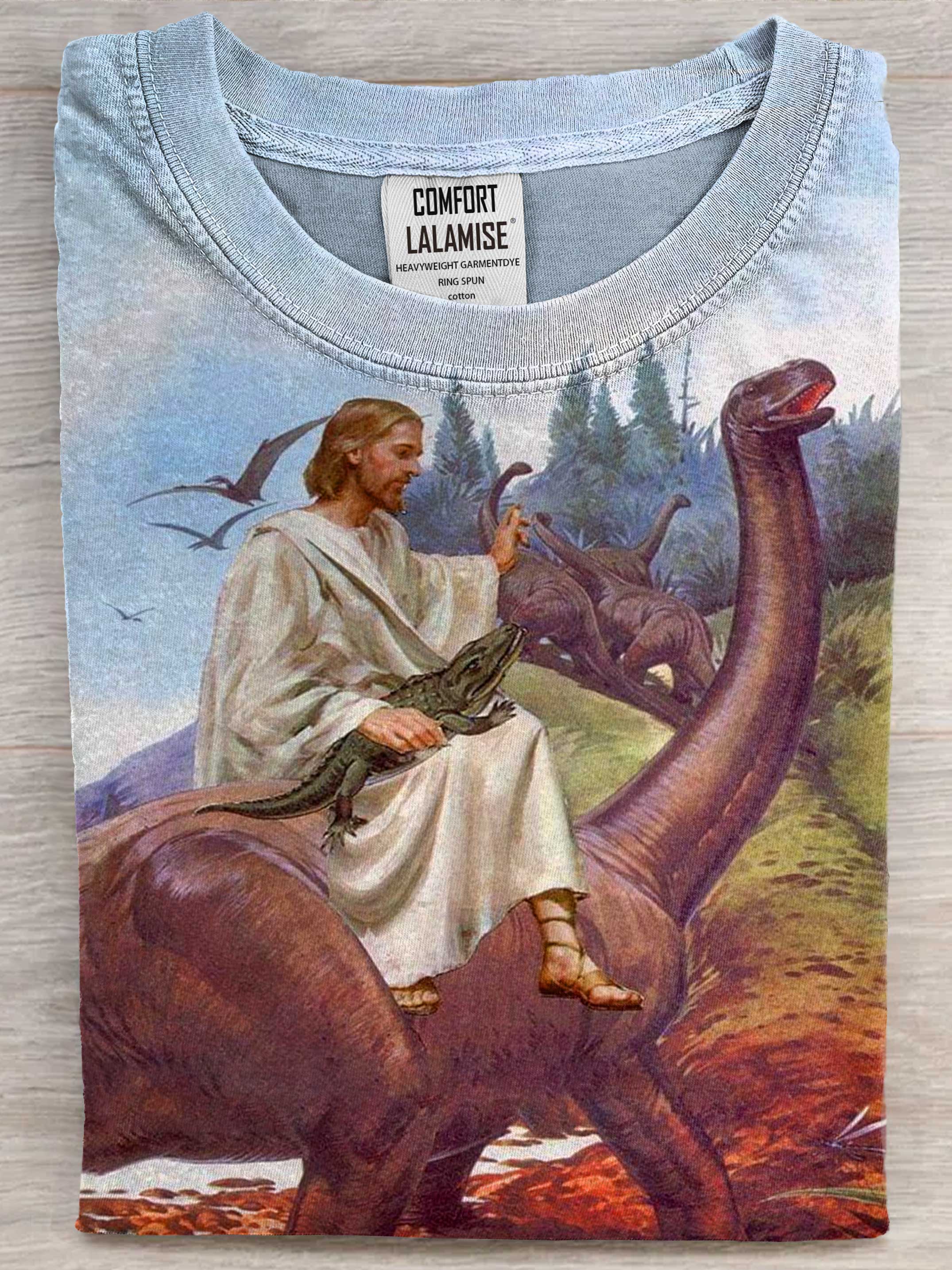 Jesus With Dinosaurs Art Print Casual Short Sleeve T-shirt