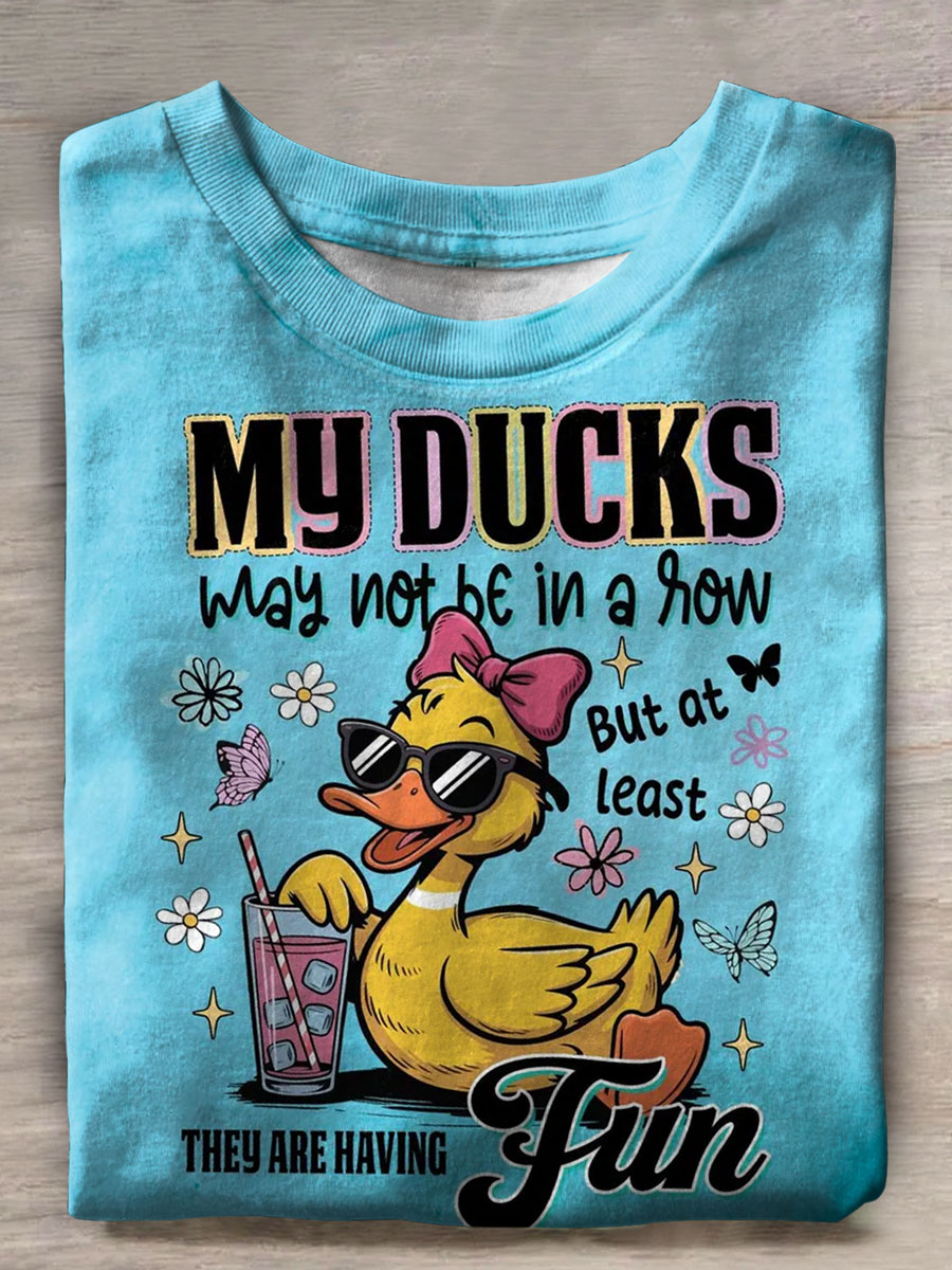 Funny Ducks Not in a Row Print Casual T-shirt