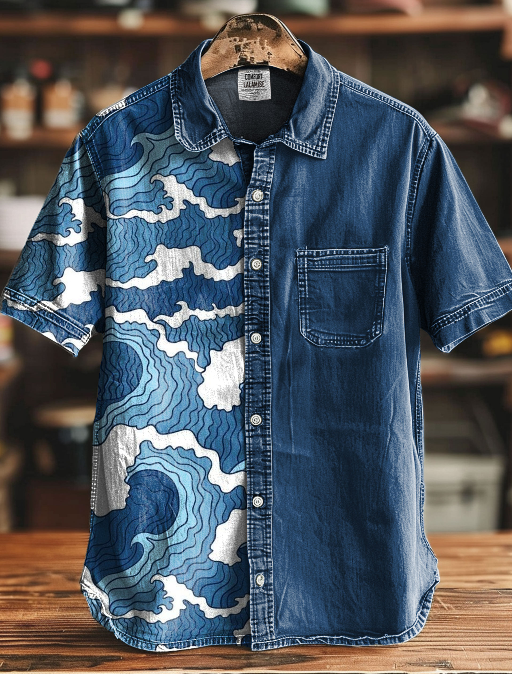 Japanese Ocean Wave And Blue Art Print Casual 100% Cotton Shirt