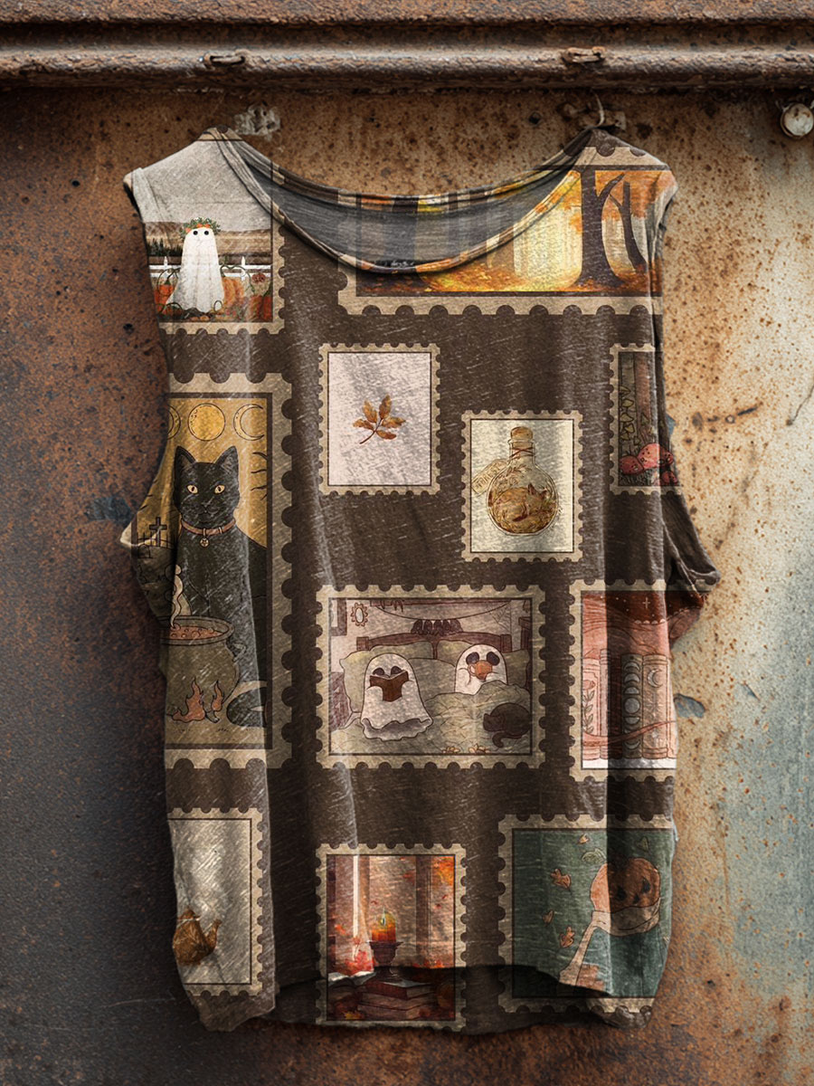 Vintage Halloween Print 100% Cotton Casual Tank Top