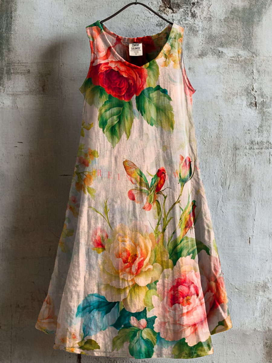 Women's Vintage Flower Print V-neck Pocket Cotton Dress