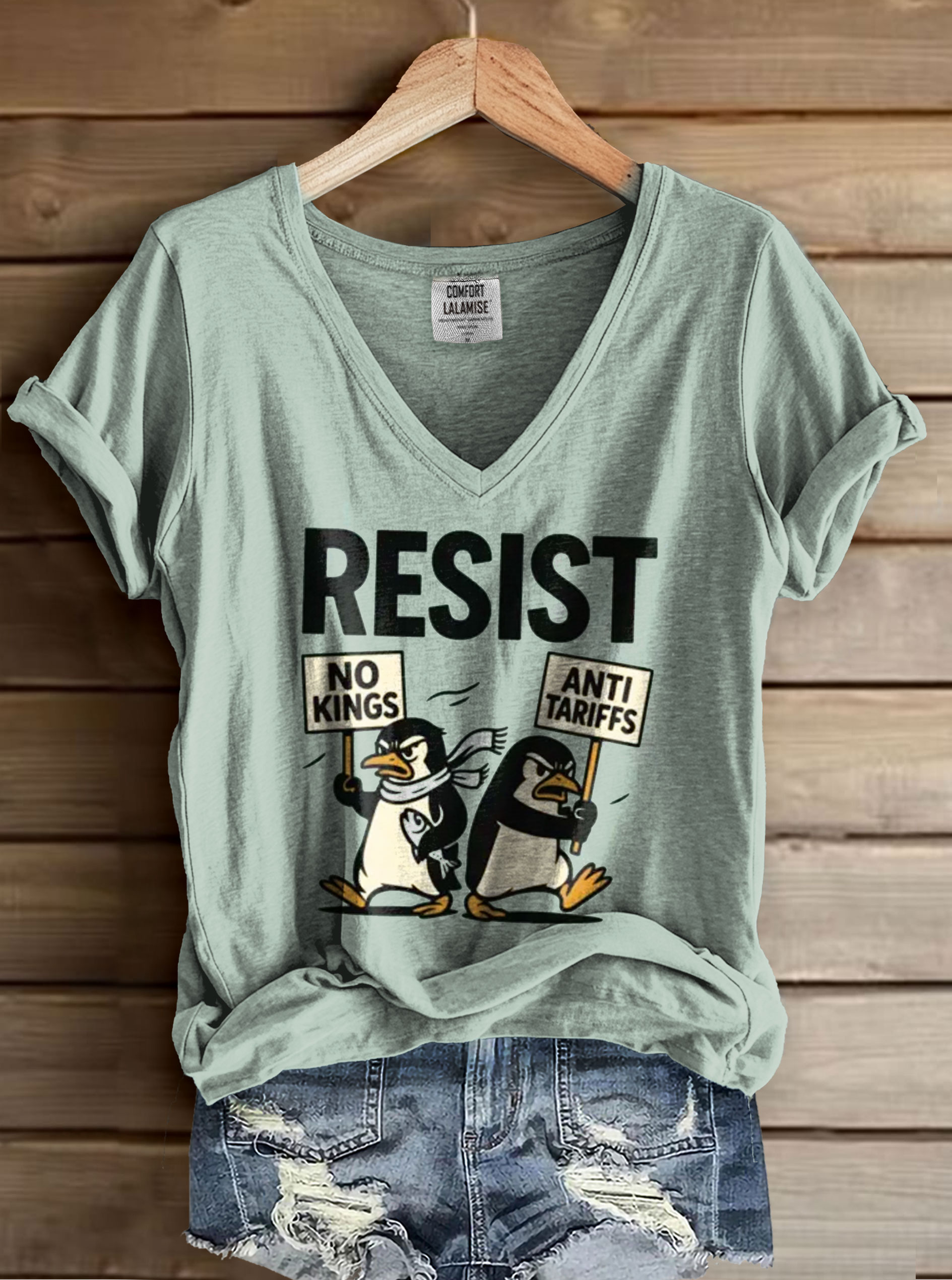 Resist Print V-neck Casual T-Shirt