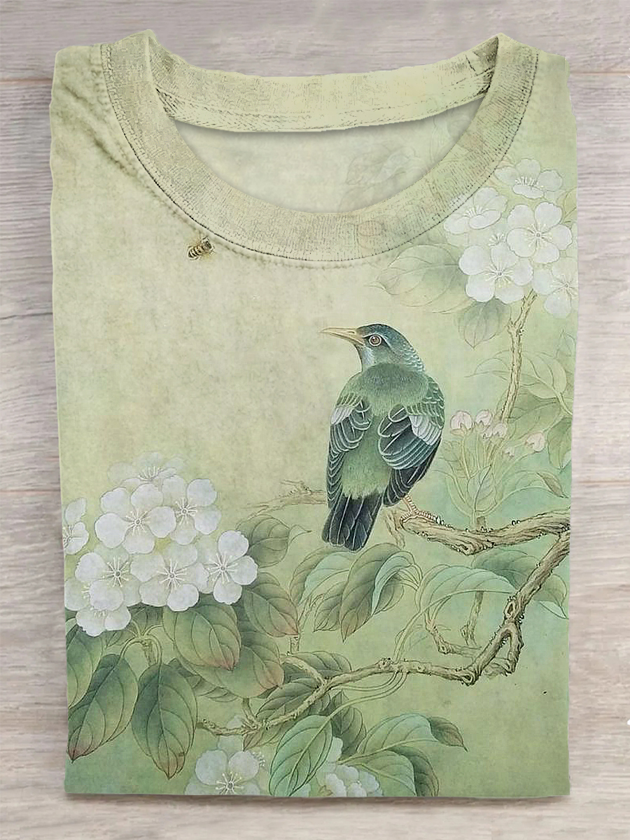 Flowers And Birds Printed Vintage Fashion Loose Short Sleeve T-Shirt