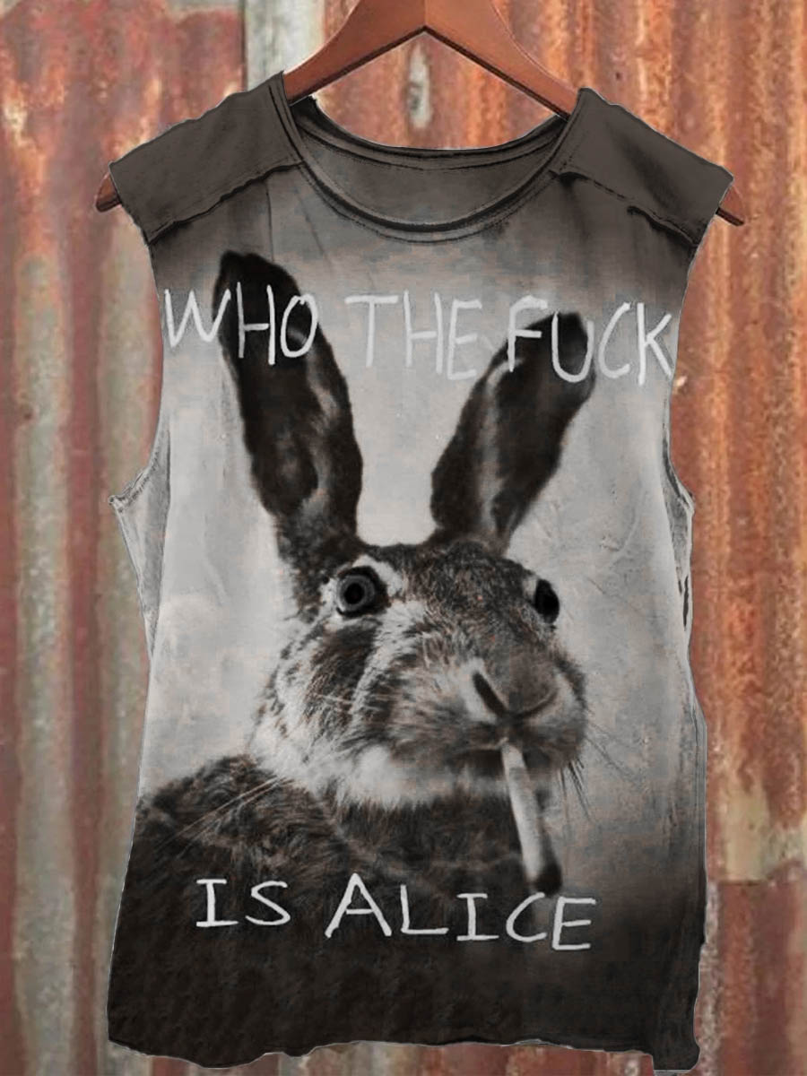 Fun Cute Bunny Smoking Print Casual Tank Top