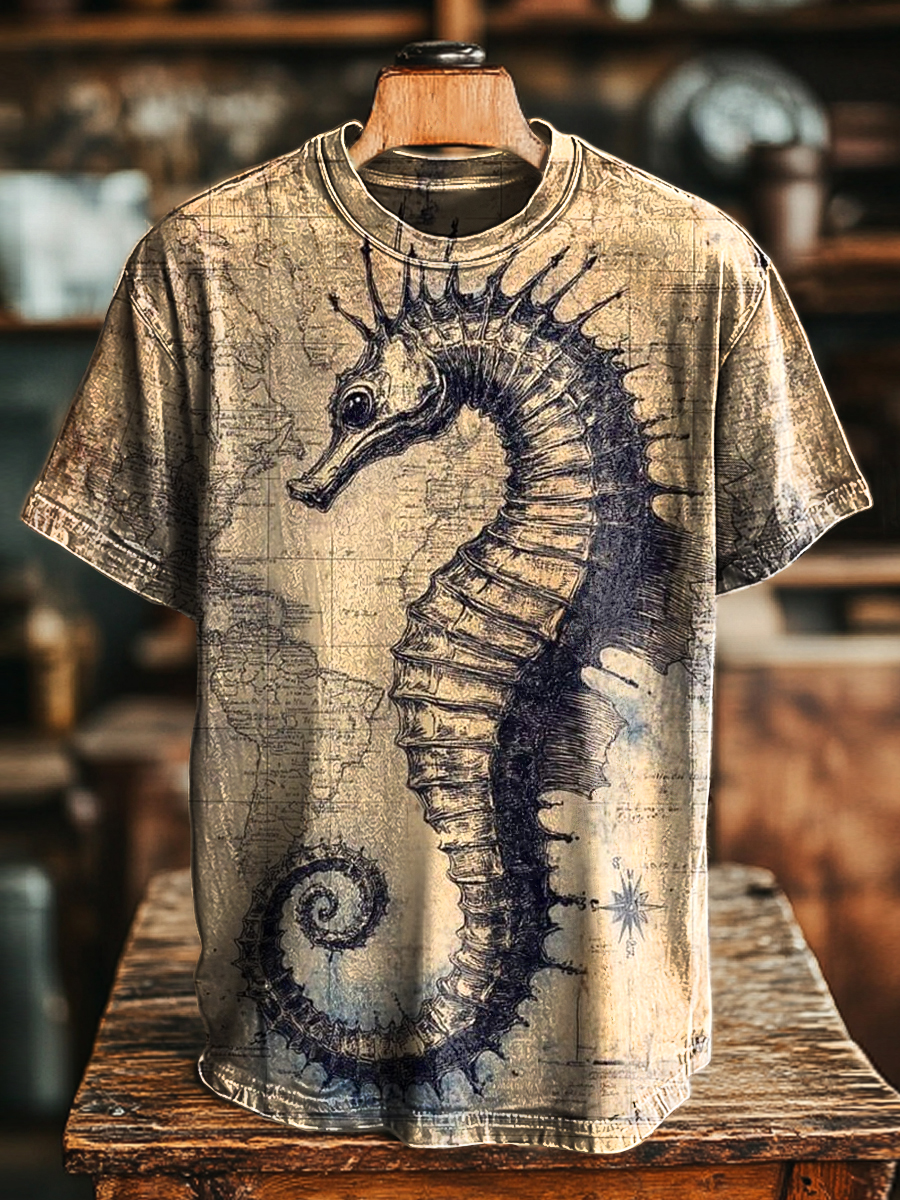 Unisex Vintage Nautical Map Seahorse Print Casual Loose T-Shirt